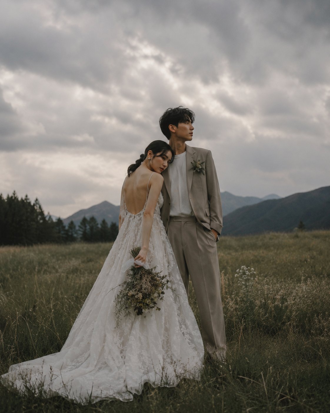 山の稜線を背にした新郎新婦